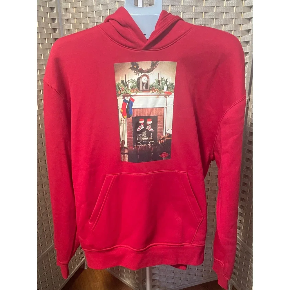 Jordan Mens Holiday Fireplace Graphic Fleece Hoodie Red Size L